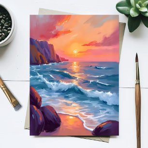 Postal Pintura Acuarela de Olas del Océano en la Playa al