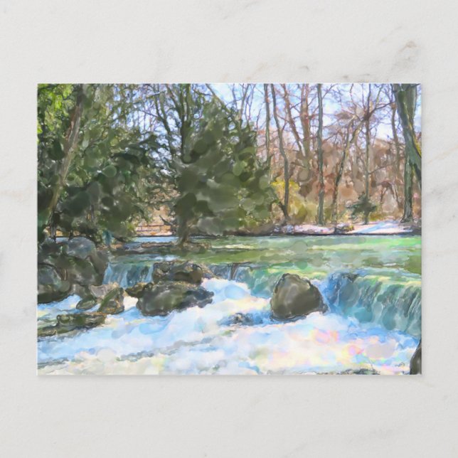 Postal Pintura acuarela del arroyo Eisbach en Munich. (Anverso)