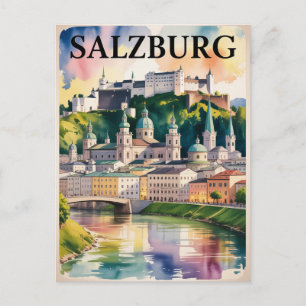 Postal Pintura acuarela del castillo de Salzburgo Austria