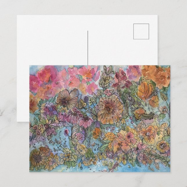 Postal Pintura Acuarela Jardín de Flores Boho Chic (Anverso / Reverso)