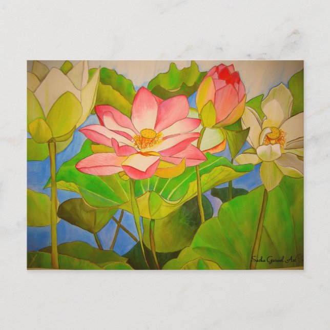 Postal pintura acuarela rosa Lotus (Anverso)