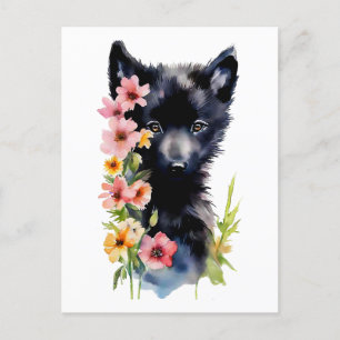 Postal Pintura acuática de Black Baby Wolf