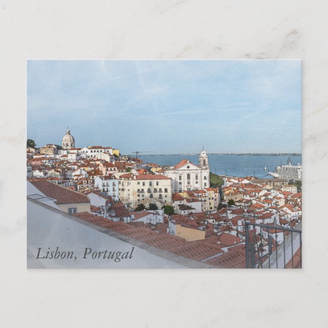 Postal Pintura acuática del barrio de Alfama en Lisboa (Anverso)