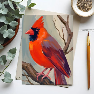 Postal Pintura al Acuarela de Cardenal Rojo