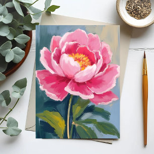 Postal Pintura al Acuarela de Flor de Peonía Rosa