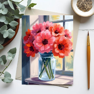 Postal Pintura al Acuarela de Flores de Ramo Rojo en Jarr
