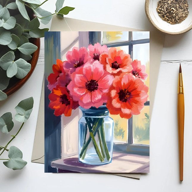 Postal Pintura al Acuarela de Flores de Ramo Rojo en Jarr (Subido por el creador)