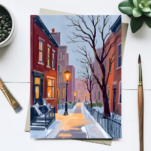 Postal Pintura al Acuarela de Invierno en North End Bosto