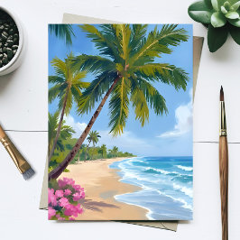 Postal Pintura al Acuarela de Playa de Hawái Océano Palma