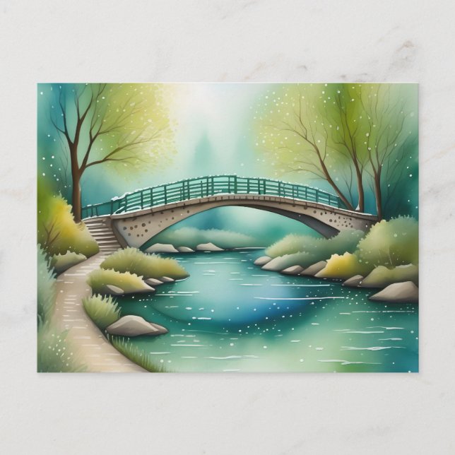 Postal Pintura al acuarela de puente sobre un río (Anverso)