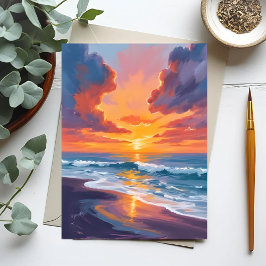 Postal Pintura al Acuarela del Atardecer en la Playa Oceá