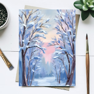 Postal Pintura al Acuarela del Bosque de Nieve Invernal