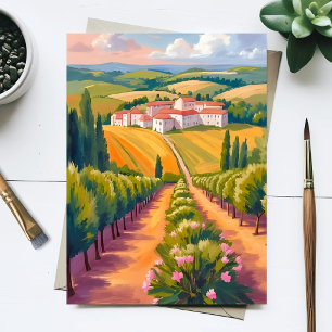 Postal Pintura al Acuarela del Campo Toscano Italia 