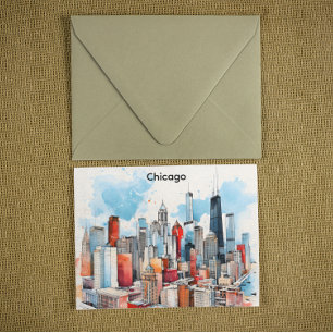 Postal Pintura al Acuarela del Horizonte de Chicago Paisa