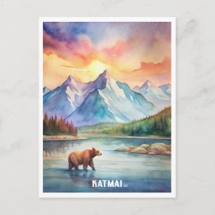 Postal Pintura al Acuarela del Parque Nacional Katmai