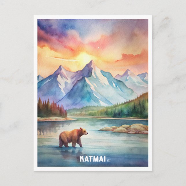 Postal Pintura al Acuarela del Parque Nacional Katmai (Anverso)