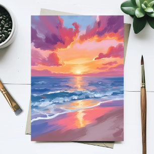 Postal Pintura al agua del mar al atardecer olas mar