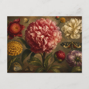 Postal Pintura al óleo botánica de peonía y mariposa vint