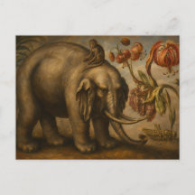 Pintura al óleo botánica vintage de elefante y mon