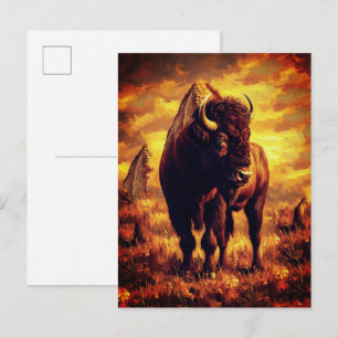 Postal Pintura al óleo de bisonte majestuoso: puesta de s