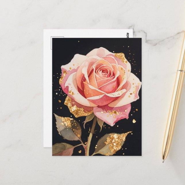Postal Pintura al óleo de flores de rosa con brillo dorad (Anverso/Reverso In Situ)