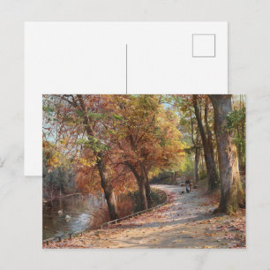 Postal Pintura al óleo de lago en bosque de otoño vintage