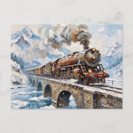 Postal Pintura al óleo de montaña nevada con tren de vapo