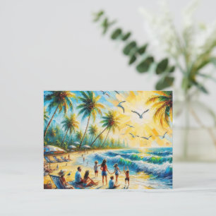 Postal Pintura al óleo de puesta de sol en la playa de la