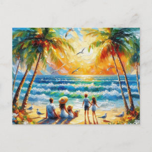 Postal Pintura al óleo de puesta de sol en playa familiar