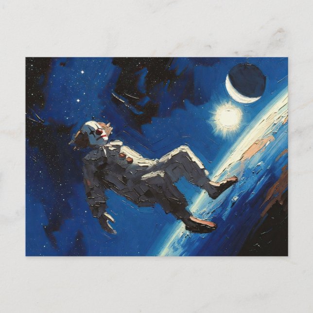 Postal pintura al óleo "Payaso En El Espacio" (Anverso)