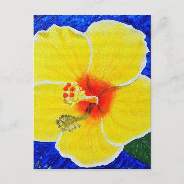 Postal Pintura amarilla de flores de Hibiscus (Anverso)