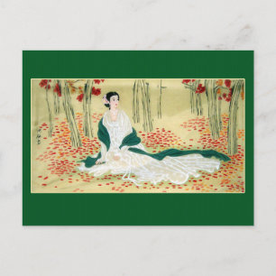Postal Pintura antigua china de dama en verde y blanco