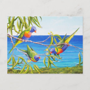 Postal Pintura australiana azul arcoiris Lorikeet Beachy