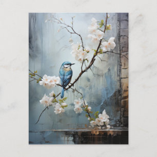 Postal Pintura china con aves azules y flores