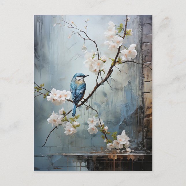 Postal Pintura china con aves azules y flores (Anverso)
