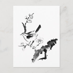 Postal Pintura china, flor de ciruela y ave
