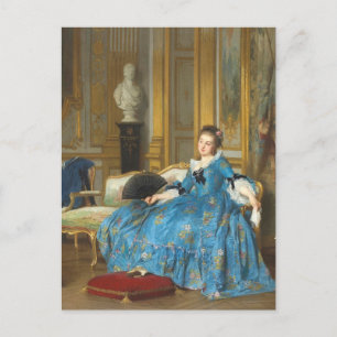 Postal Pintura clásica vintage de Chica con ventilador