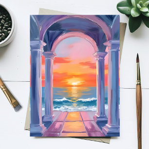 Postal Pintura Costera Acuarela Puesta de Sol Arcada Oceá