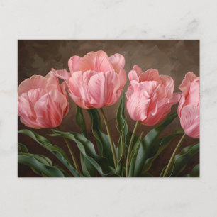 Postal Pintura de aceite botánico de tulipanes rosados