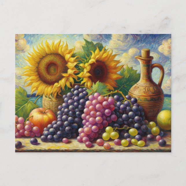 Postal Pintura de aceite de uvas y girasoles (Anverso)