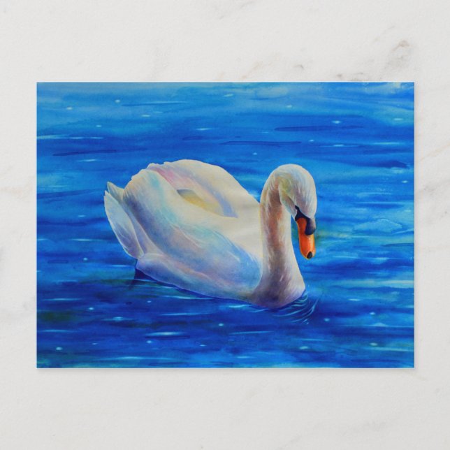 Postal Pintura de acuarela de cisne blanco, aves acuática (Anverso)