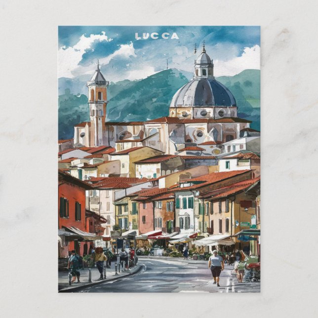 Postal Pintura de acuarela de la calle Lucca Italy (Anverso)