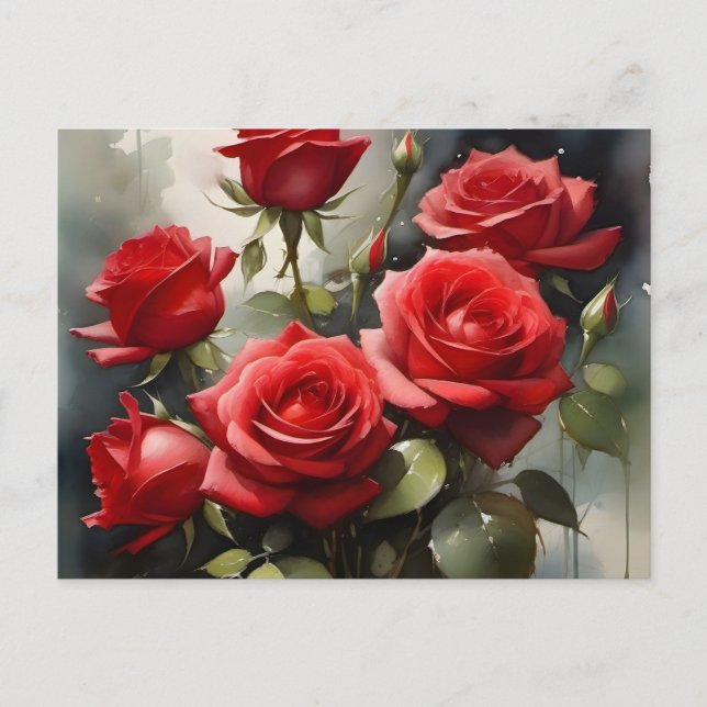 Postal pintura de acuarela de rosas rojas bonitos (Anverso)