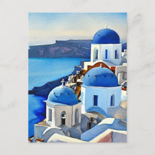 Postal Pintura de acuarela de Santorini Grecia