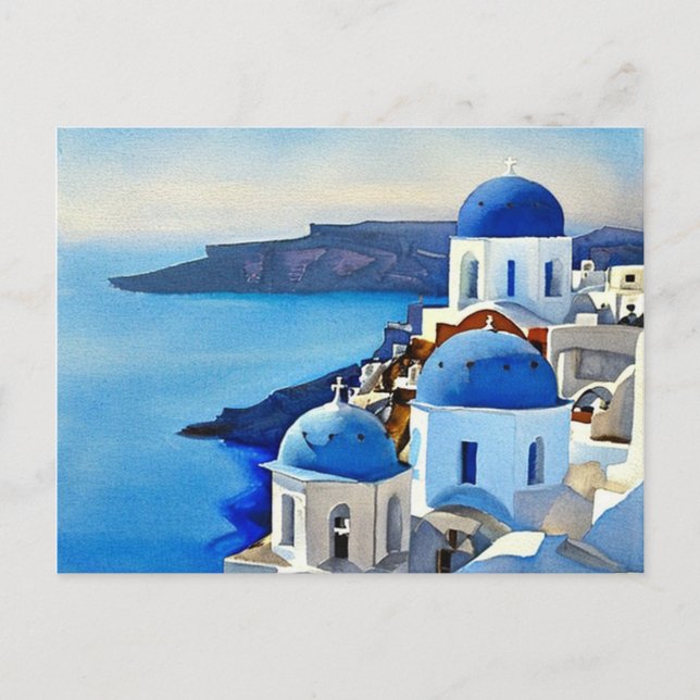 Postal Pintura de acuarela de Santorini Grecia (Anverso)