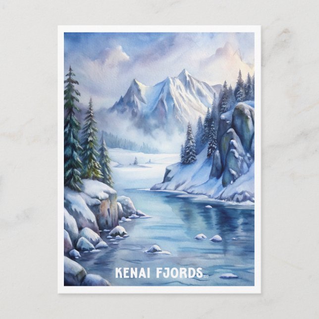 Postal Pintura de acuarela del parque nacional de fiordos (Anverso)