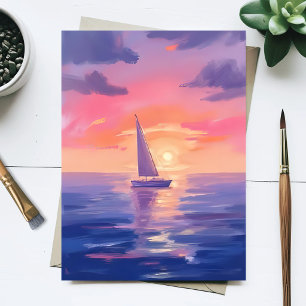Postal Pintura de acuarela pastel morado de vela al atard
