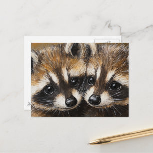 Postal Pintura de adorables mapaches bebé