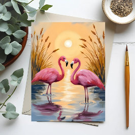 Postal Pintura de animales puesta de sol flamencos rosado