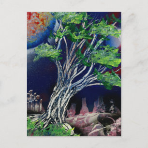 Postal Pintura de árbol con ciudad azul y sol naranja